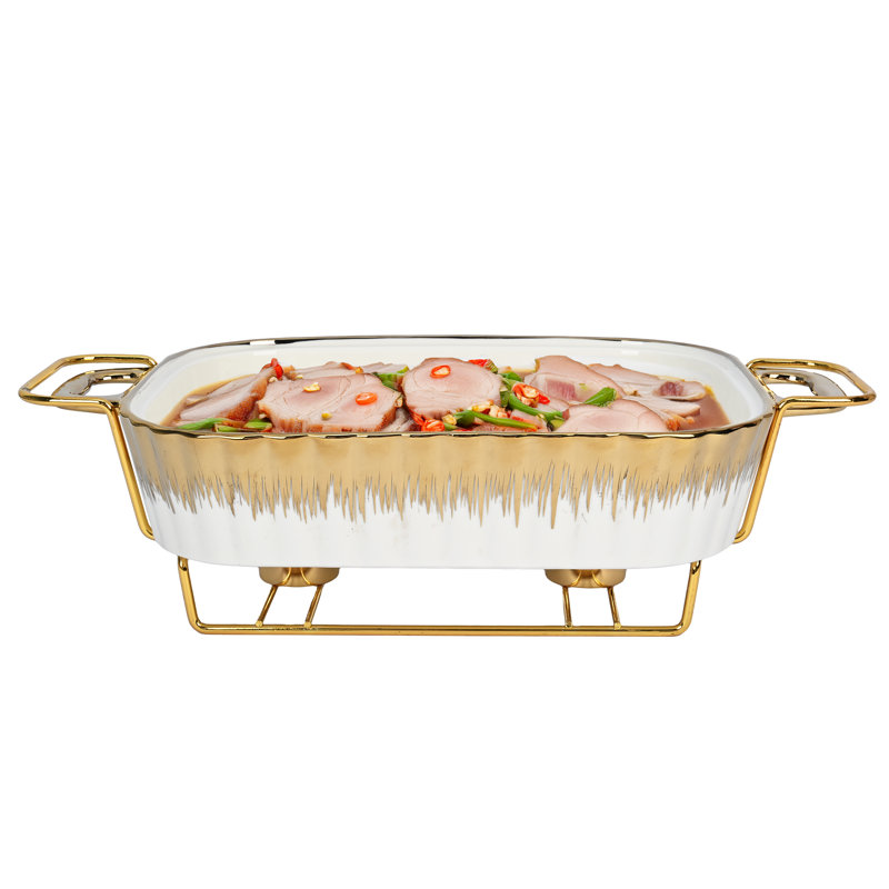 Gold - Rimmed Heated Rectangular Ceramic Buffet Server - Warm - Keeping & Fresh - Locking
