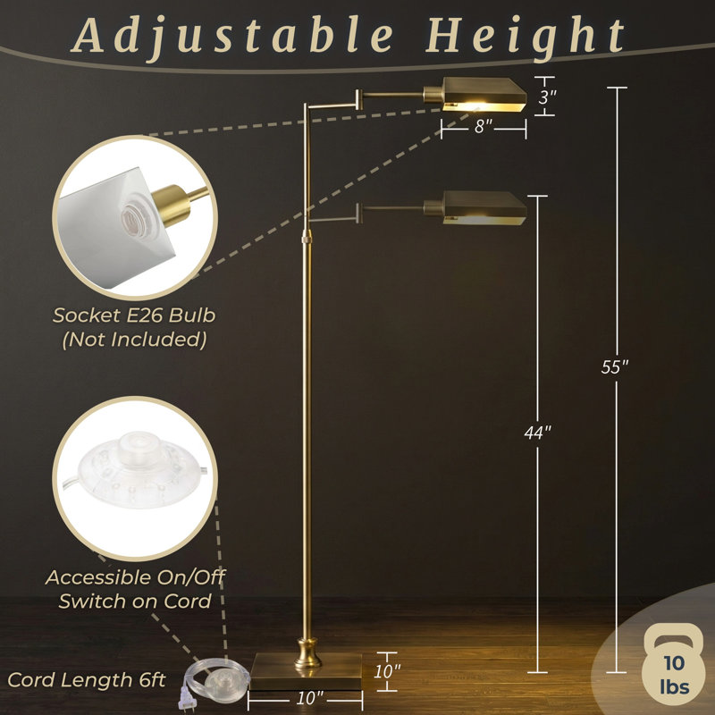 Lampe sur pied pour le décor de la chambre à coucher, du bureau personnel ou du salon - Lampe haute avec hauteurs ajustables, bras pivotant à 360 degrés et base stable - Lampe de travail de pharmacie pour la lecture et l'artisanat