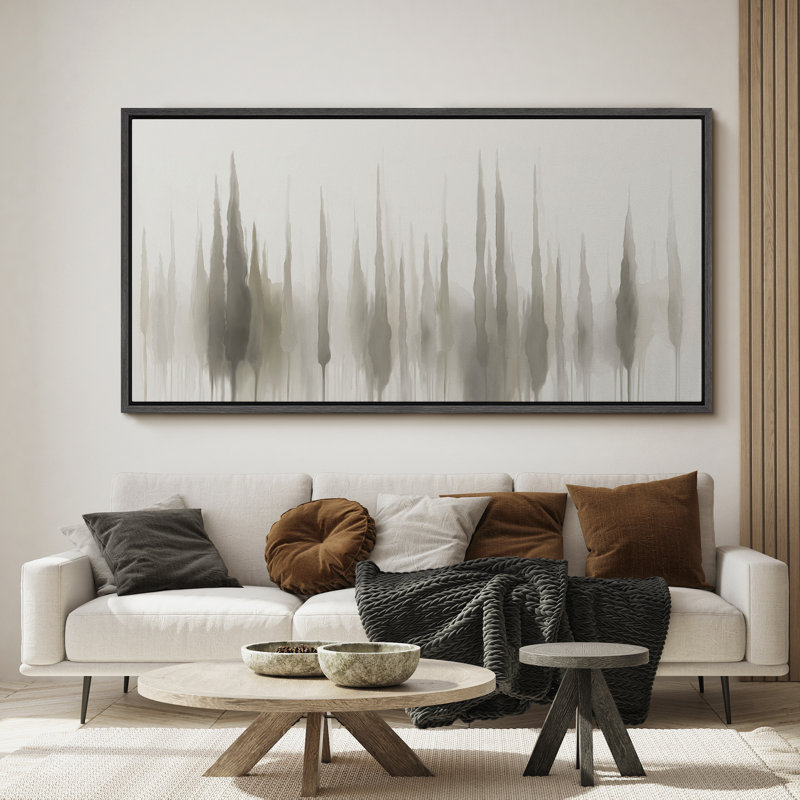 Toile encadrée «Misty Pines» verticale - silhouette de forêt minimaliste en gris, Noir, H 30 po x l 60 po