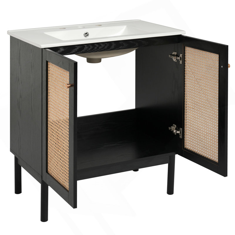 Meuble-lavabo de 30 pouces fabriqué à partir de matériaux naturels, avec des portes en rotin faites à la main et des mécanismes de fermeture en douceur