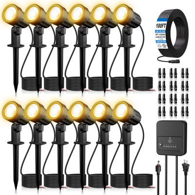 Low Voltage LED Landscape Lighting Kit with Transformer, Wire & Connectors, 2700K IP66 Waterproof Outdoor Spotlights for Garden Yard