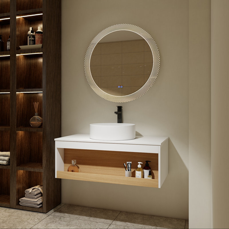 Meuble-lavabo flottant avec lavabo vasque rond blanc et tablette ouverte, 36"