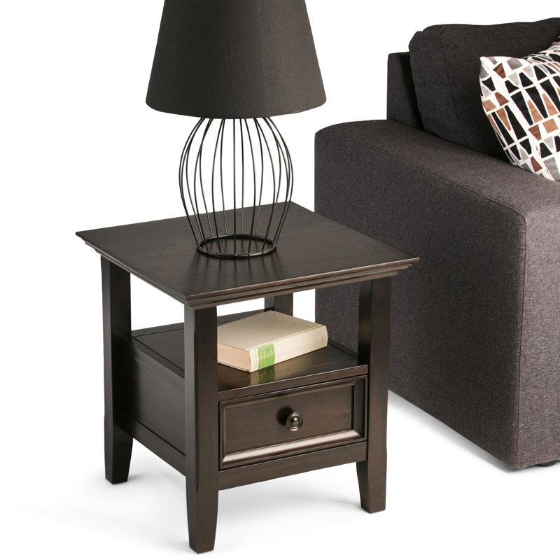 Amherst Solid Wood Transitional End Table with Drawer and Shelf, Hickory Brown