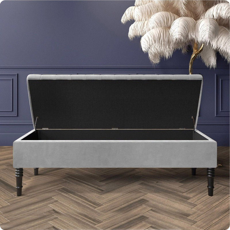 Safar Striped Ottoman Storage Bench – Upholstery Plush Velvet Shoe Bench with Black Turned Wooden Legs, Silver