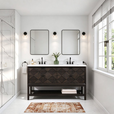 Meuble-lavabo autoportant en bois massif brun foncé 60 po avec plateau en marbre d'ingénierie 60 po