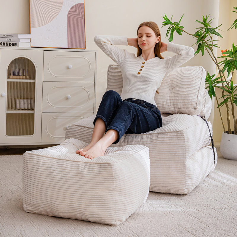 Pouf carré rembourré avec repose-pieds en velours côtelé et repose-pieds, Beige