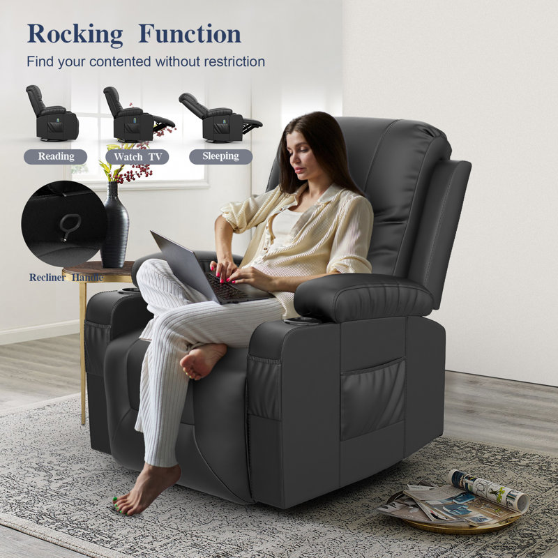 Lannah Faux Leather Recliner Massage Chair, Swivel Rocker Recliner with 360° Rotate & 125°  Reclining Rocking Chair With Two Cup Holders for home