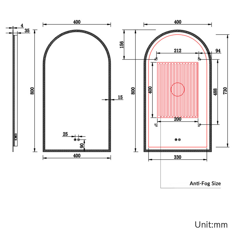 Arched White Metal Bathroom Mirror, Frosted Surround Edge, Anti-Fog Pad, Touch Stepless Dimming LED