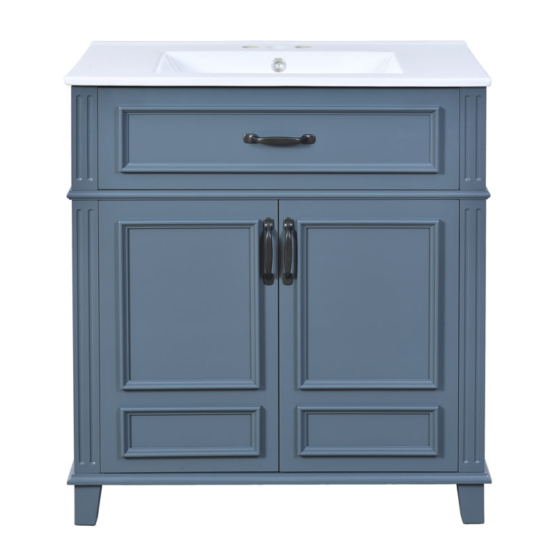 Meuble-lavabo de 30 po avec lavabo en céramique, armoire de rangement en bois massif avec portes à fermeture douce, style rétro, bleu