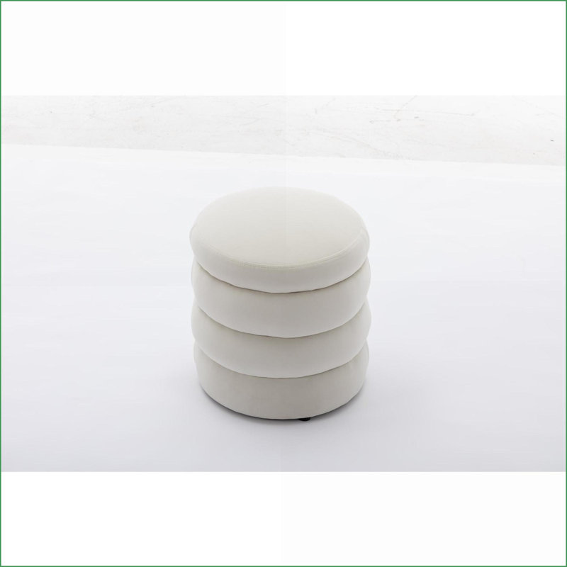 Ottoman Round Footrest Stool for Living Room, Bedroom, Sofa Side | Ivory | Velvet, Ivory Velvet