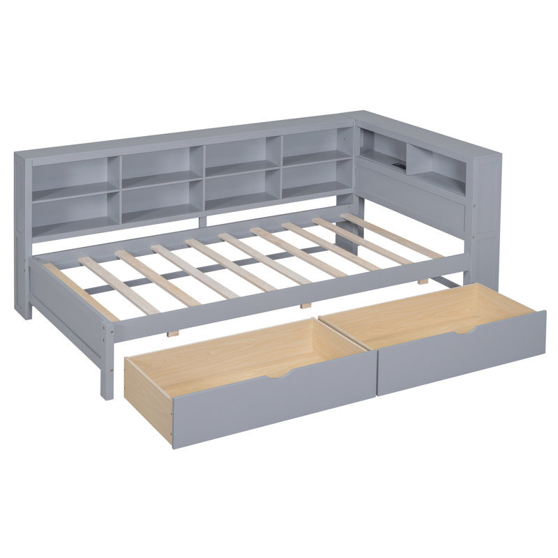 Lit de jour simple en bois gris avec tablette de rangement, 2 tiroirs et rangement, Lit simple, Gris