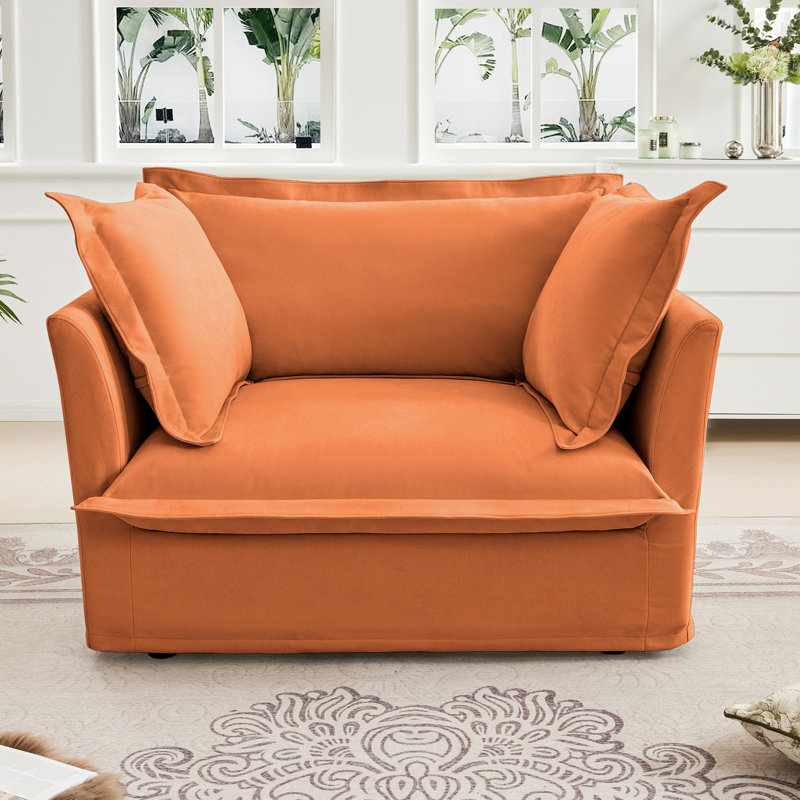 Confortable, simple, fauteuil orange, tissu chenille, grand dossier et coussins décoratifs, structure, fauteuil simple à assemblage facile avec siège profond, coussins, housses amovibles, base en bois