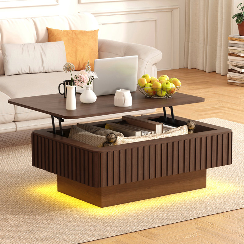 Table basse cannelée à plateau relevable avec station de charge, table basse rectangulaire Mid-Century avec rangement caché et éclairage à DEL, tables de salle à manger en bois avec plateau relevable pour le bureau du salon
