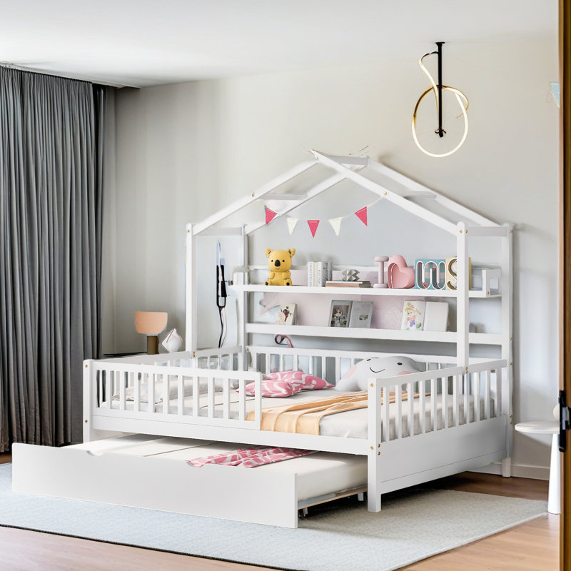 Lit en bois avec lit gigogne simple, Lit double, White