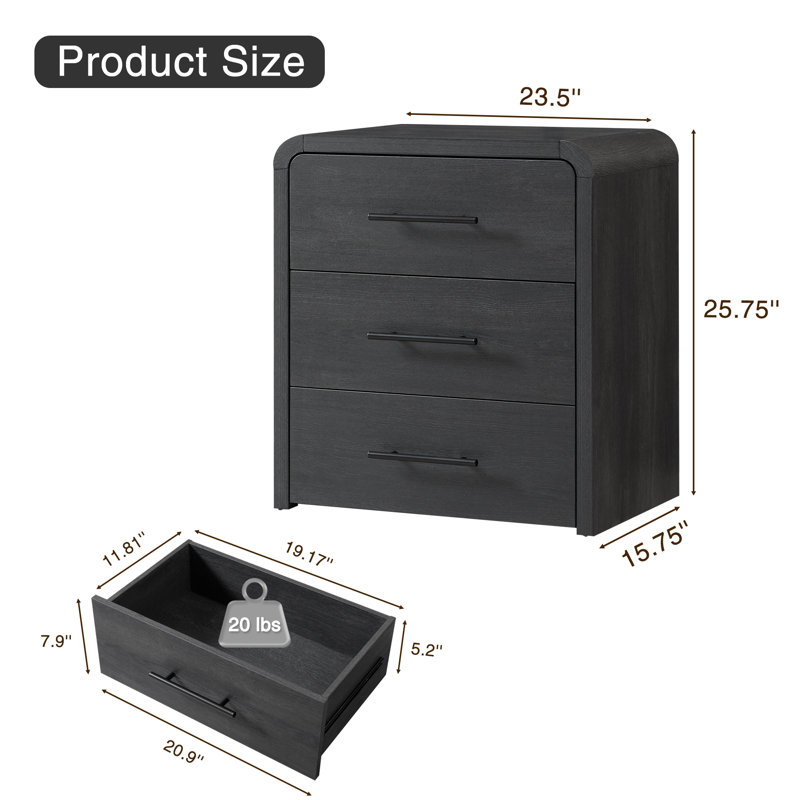 Auralis Organic Modern 3 Drawer Nightstand Set Of 2 With Curved Waterfall Design And Spacious Storag