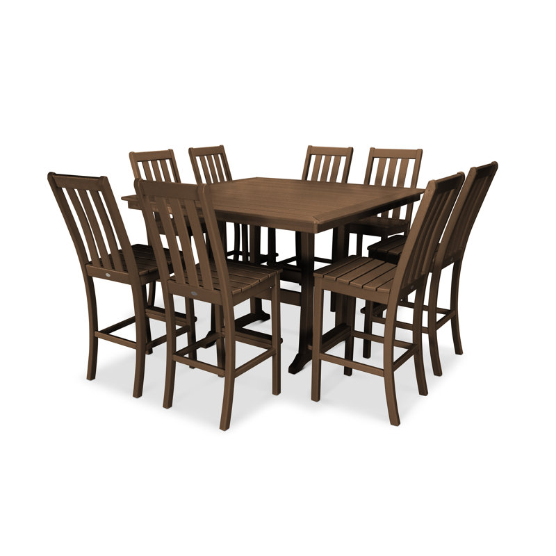 POLYWOOD Vineyard 9-Piece Nautical Trestle Bar Set, Teak