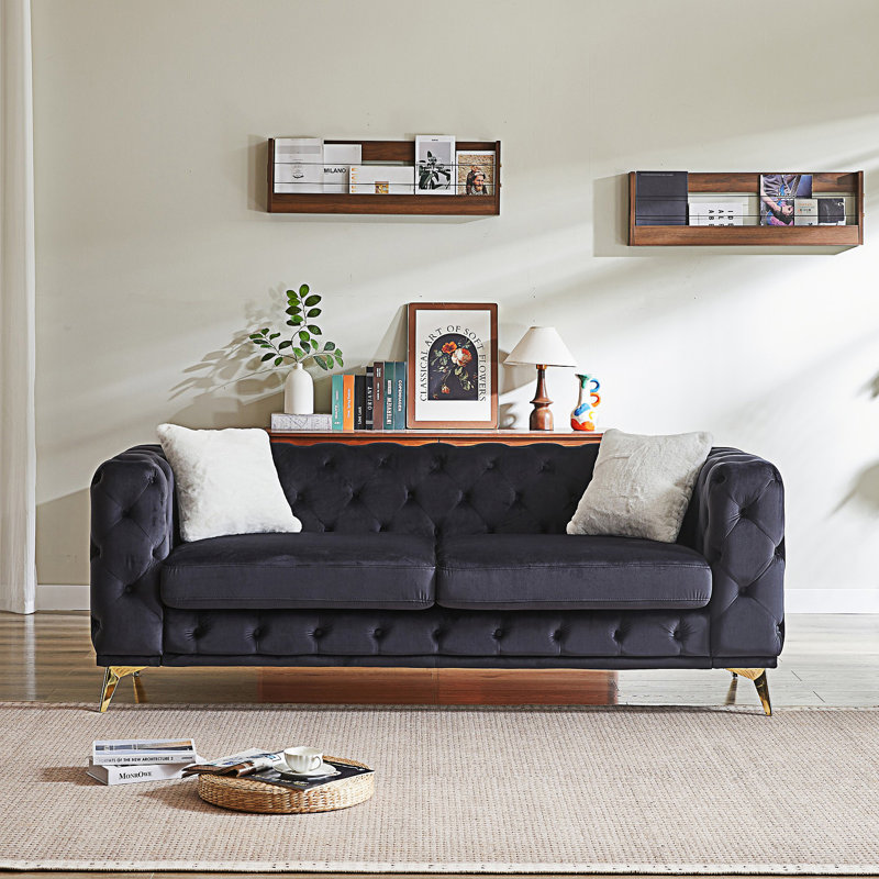 Canapé moderne 3 places avec 2 coussins, Noir