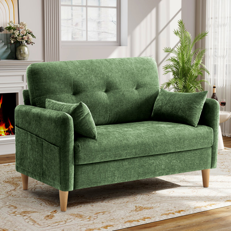 George 47’’ Chenille Tufted Loveseat Sofa With 2 Pillows And Storage Pockets Couches, Green
