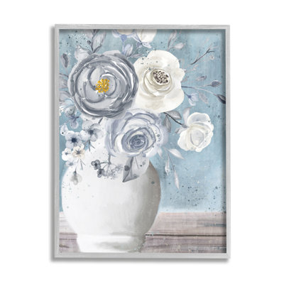 «Round Flower Blossom Bouquet Blue Paint Speckles» par Kim Allen - peinture à cadre flottant sur toile