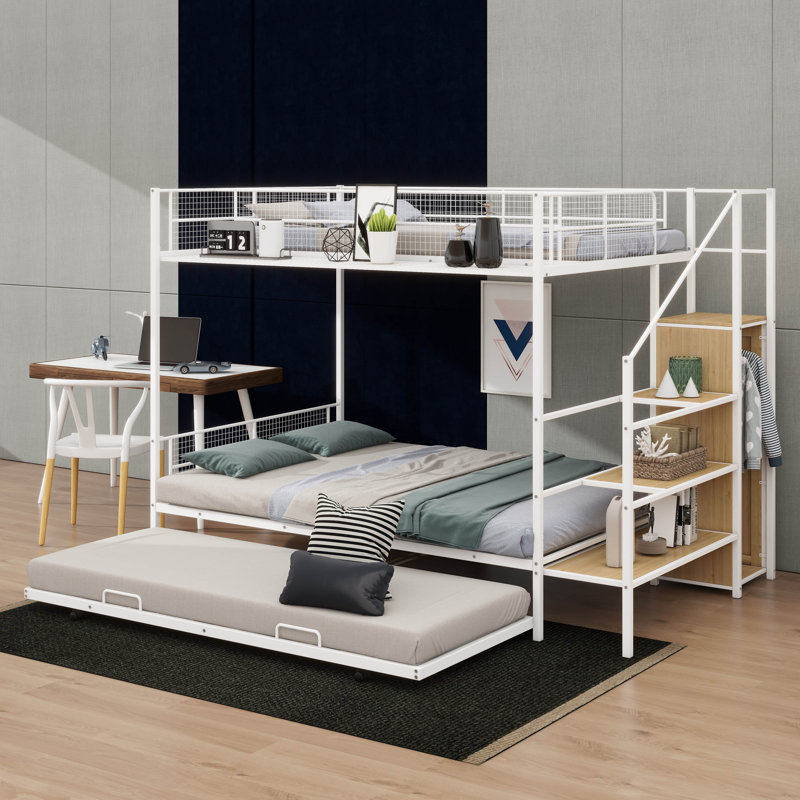 Lit superposé en métal avec lit gigogne, échelle de rangement latérale et garde-robe, Blanc