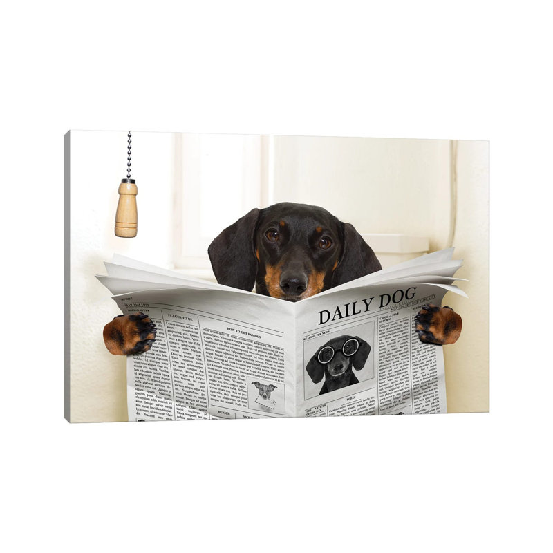 Dog On Toilet Seat Reading Newspaper III - Print on Canvas, Wrapped Canvas, 152.5 cm H x 101.5 cm W x 3.175 cm D