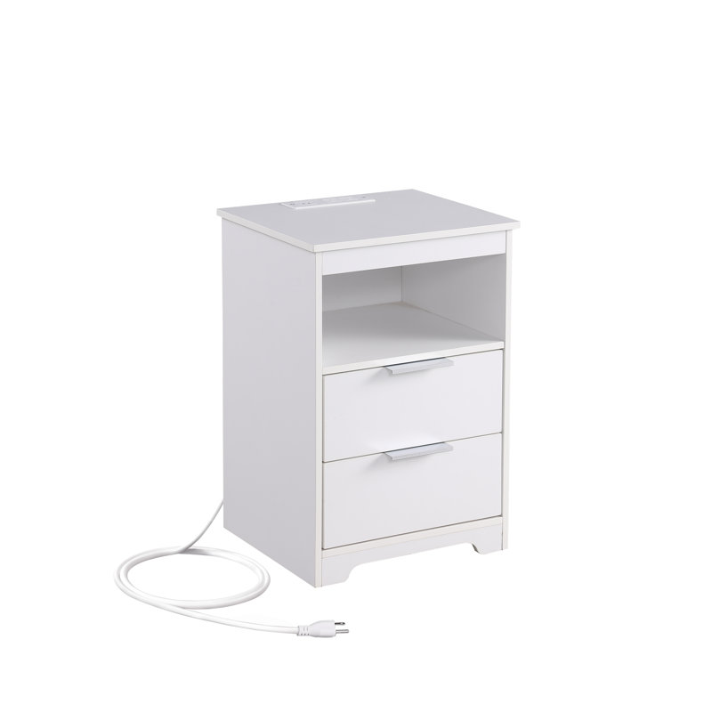 End Table with Charging Station, Dual Drawers & Open Shelf