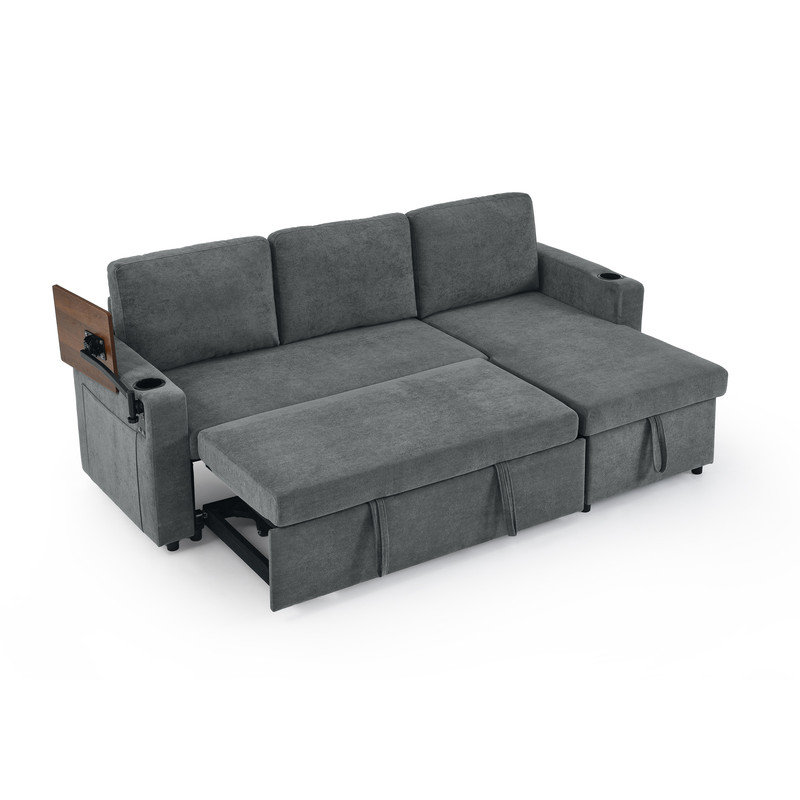 Canapé-lit moderne en L en chenille avec tiroir, éclairage DEL, ports USB et table-plateau, Gris chenille