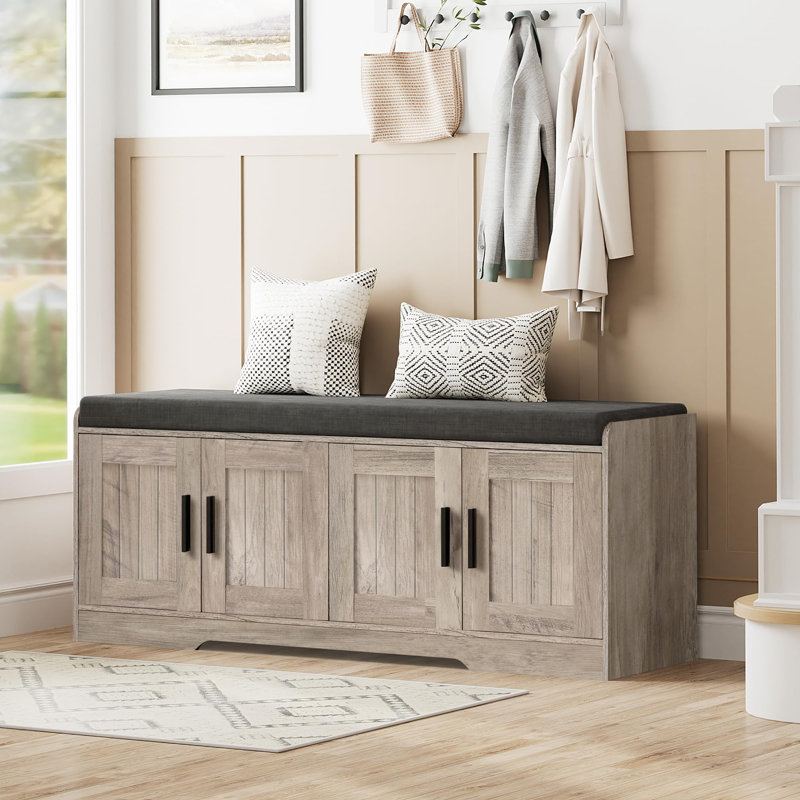 Banc de rangement à chaussures 4 portes 45 po avec coussin épais rembourré et organisateur à 2 niveaux – Siège d'entrée ou de corridor, noir/gris/blanc