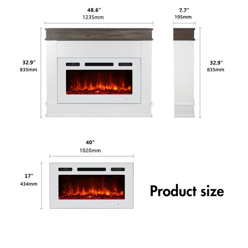 39“ Electric Fireplace with Mantel, Ultra Thin Fireplace Insert, 12 Color Changing Flame, 5 Brightness Levels, 750W/1500W Heater, Remote Control, 1-8H Timer & Overheat Protection
