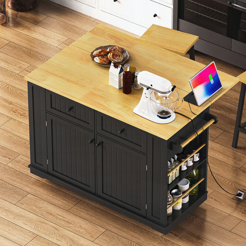 48 Inch Kitchen Island With Drop Leaf,Power Outlet,Internal Storage Rack,Rolling Kitchen Storage Cart On 5 Wheels With 5 Open Side Racks(Not Include Stools)