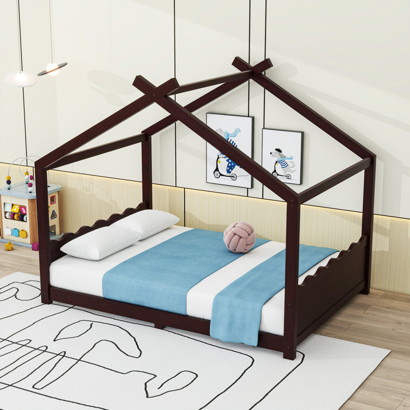 Wood House Floor Bed With Slats, Full, Espresso
