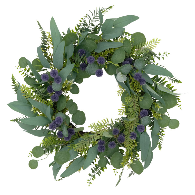 Couronne de fleurs 24 "à ressorts artificiels Echinops, vert / mauve