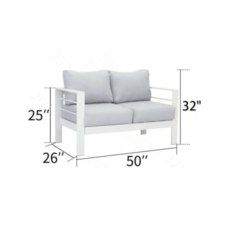 Ensemble de conversation de patio 3 pièces en aluminium 3 pièces, canapé d'extérieur 5 places avec coussins gris clair épais et structure blanche et table basse