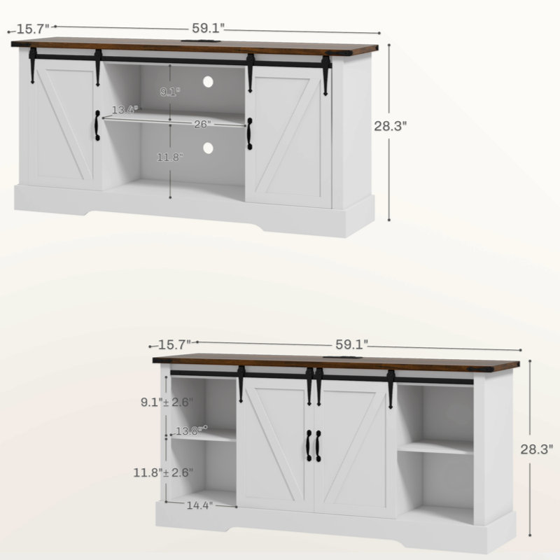 White Farmhouse Coffee Bar Cabinet with Sliding Barn Doors and Charging Station