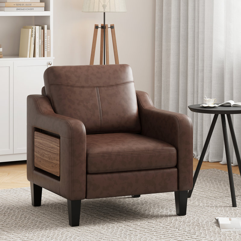 Wide Upholstered Accent Chair Faux Leather Armchair, Chocolate
