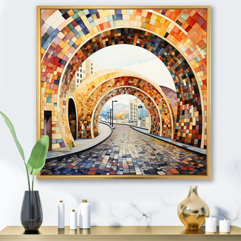 «Orange Bridge Dynamic Archway Pointillism III», reproduction sur toile, H 24 po x l 24 po x P 1 po, Cadre flottant doré