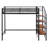 Modern Twin Metal Loft Bed with Storage Ladder Shelves and Upper Grid Shelf, Black-1163739698