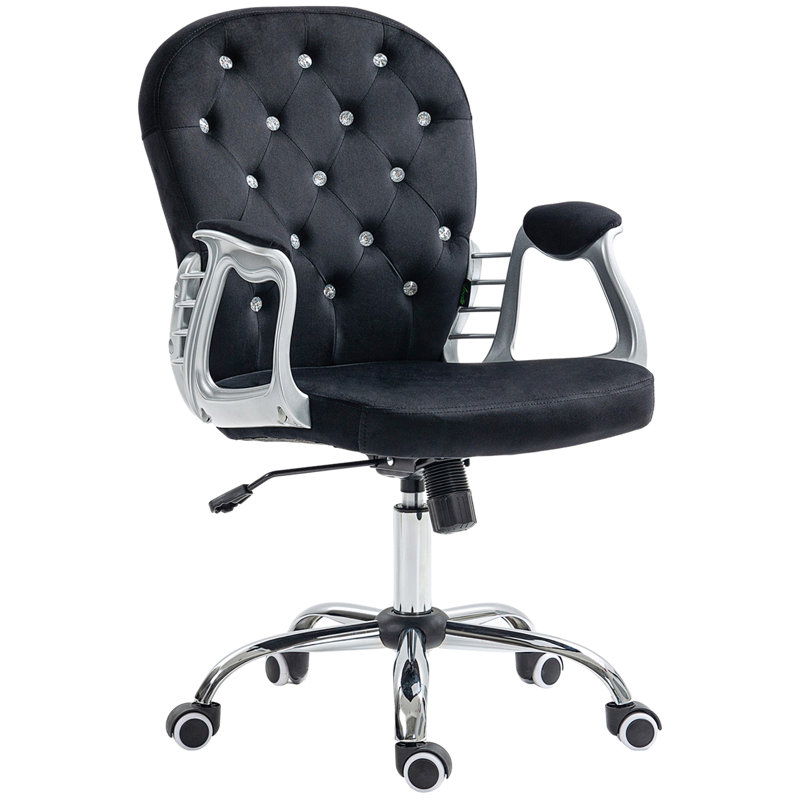 Black Velvet Swivel Office Chair with Padded Armrests