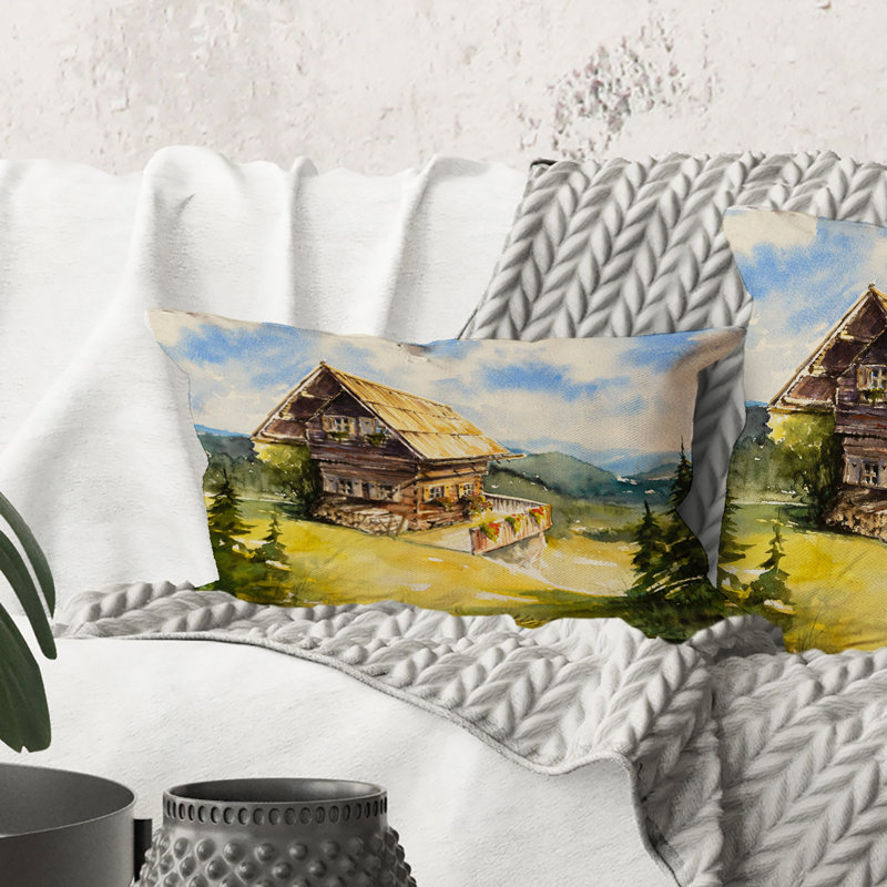 Rectangle, paysage paisible avec un vieux chalet en été - Coussin décoratif traditionnel
