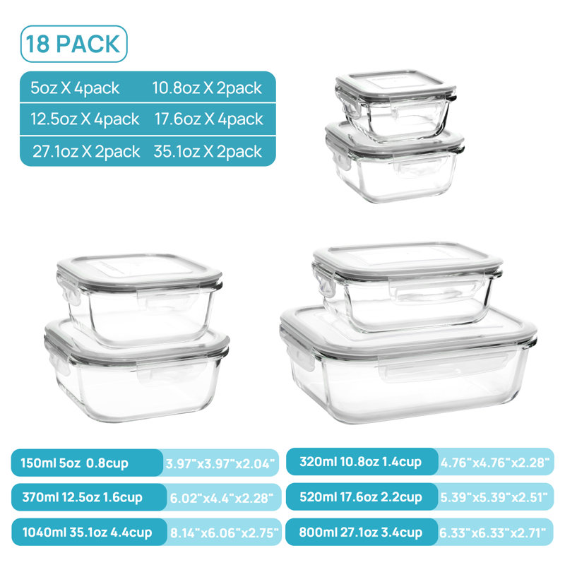 18 boîtes de rangement en verre pour aliments avec couvercles, boîtes de préparation de repas, boîtes à bento hermétiques avec couvercles verrouillables pour four à micro-ondes, four, congélateur, lave-vaisselle, gris