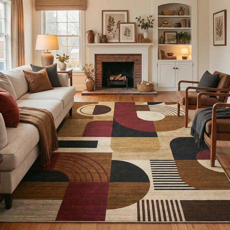 9x12 Area Rugs, Boho Washable Rugs for Living Room Bedroom Dining Room, Soft Modern Abstract Large Throw Floor Carpet Non Slip, Red/Brown, 9'x12'