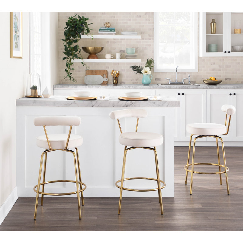 Kayson 25.5" Gold Swivel Upholstered Counter Stools, Cream Velvet