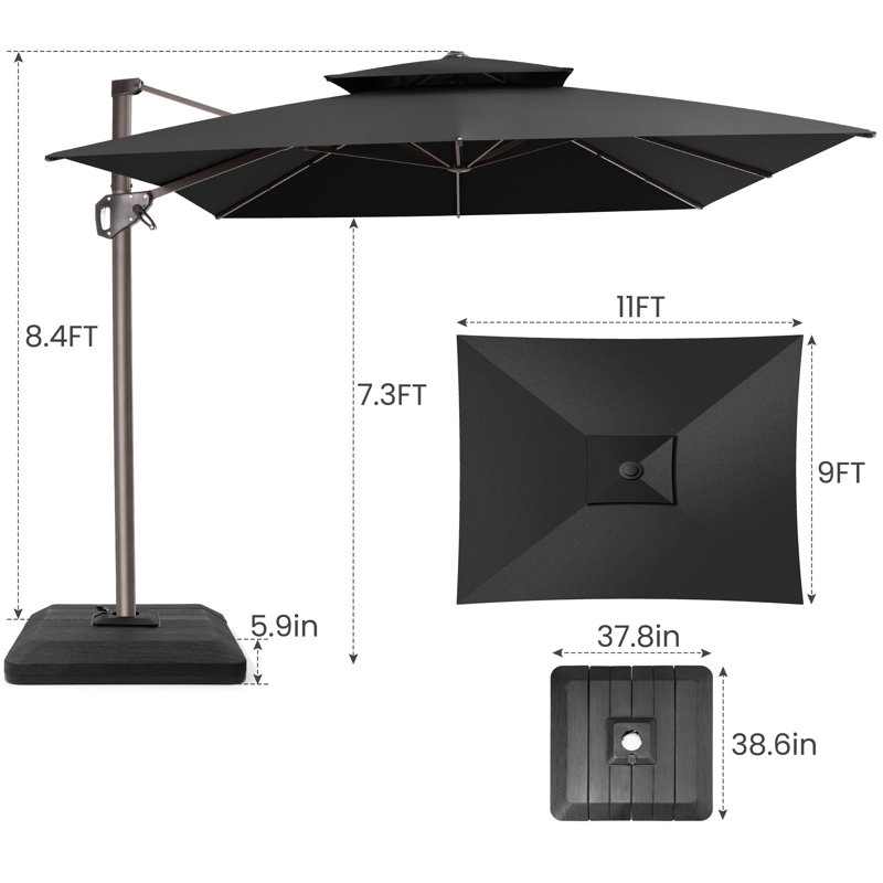 Parasol double déporté de 3,35 m x 2,74 m, base incluse, Noir, noir, noir, noir