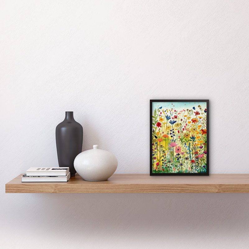 Mixed Wildflower Bloom In Meadow Folk Art Artwork Framed Wall Art Print 9X7 Inch
