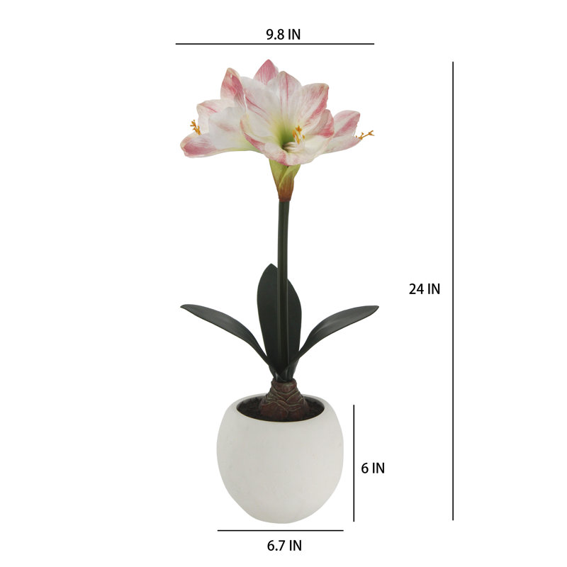 24 in. White and Pink Faux Amaryllis Bulb Arrangement in Round White Pot