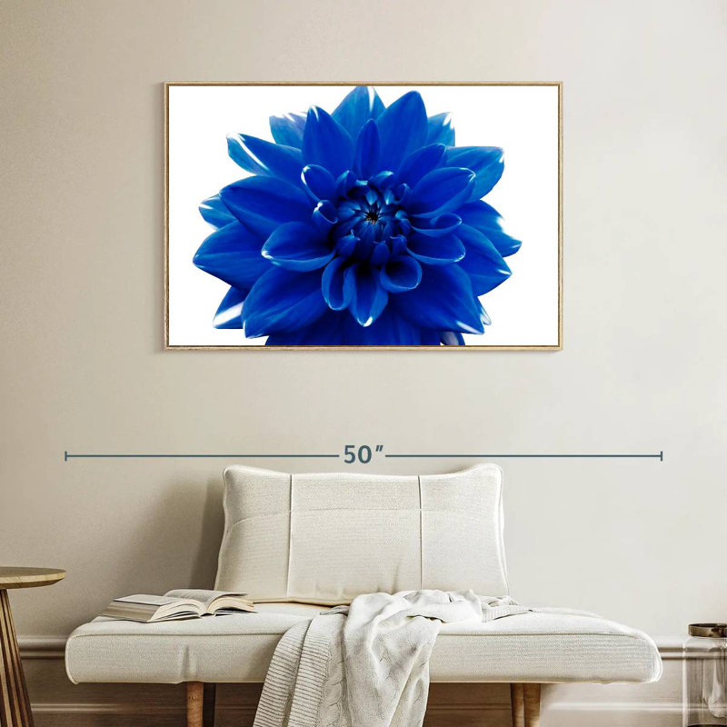 Fleur de dahlia bleue, Cadre flottant en bois naturel, 40 po x 27 po