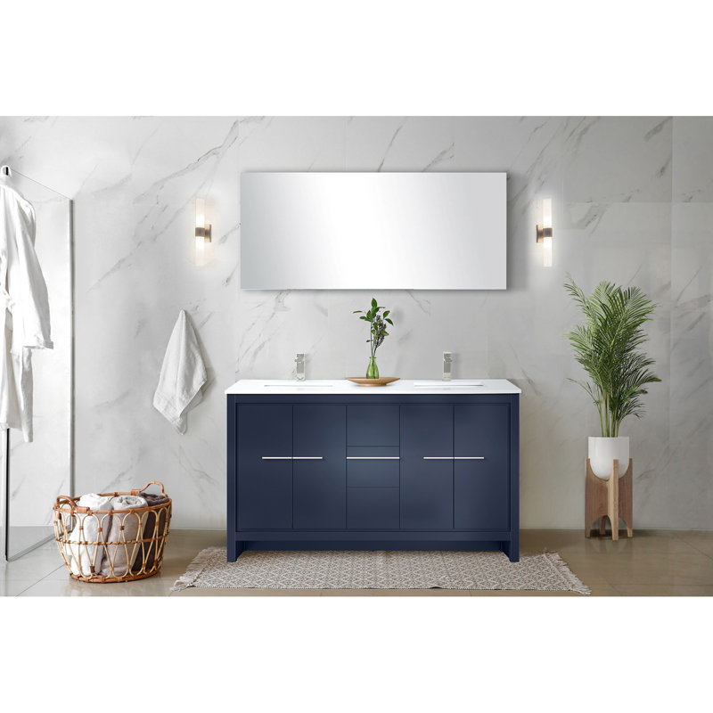60 po Meuble-lavabo bleu marine avec comptoir en marbre et robinet - Armoires à tiroirs à fermeture en douceur pour un meuble-lavabo double à rangement accru et une offre en nickel brossé abondante