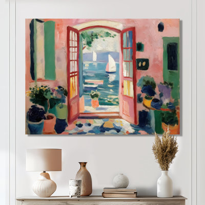 «Italian Summer Window Scenery - Coastal Windows», reproduction d'art sur toile rose