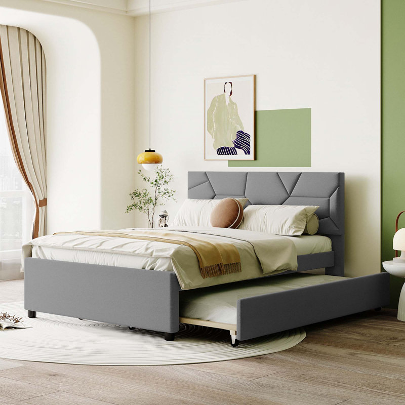 Lit plateforme tapissier avec lit gigogne, gris