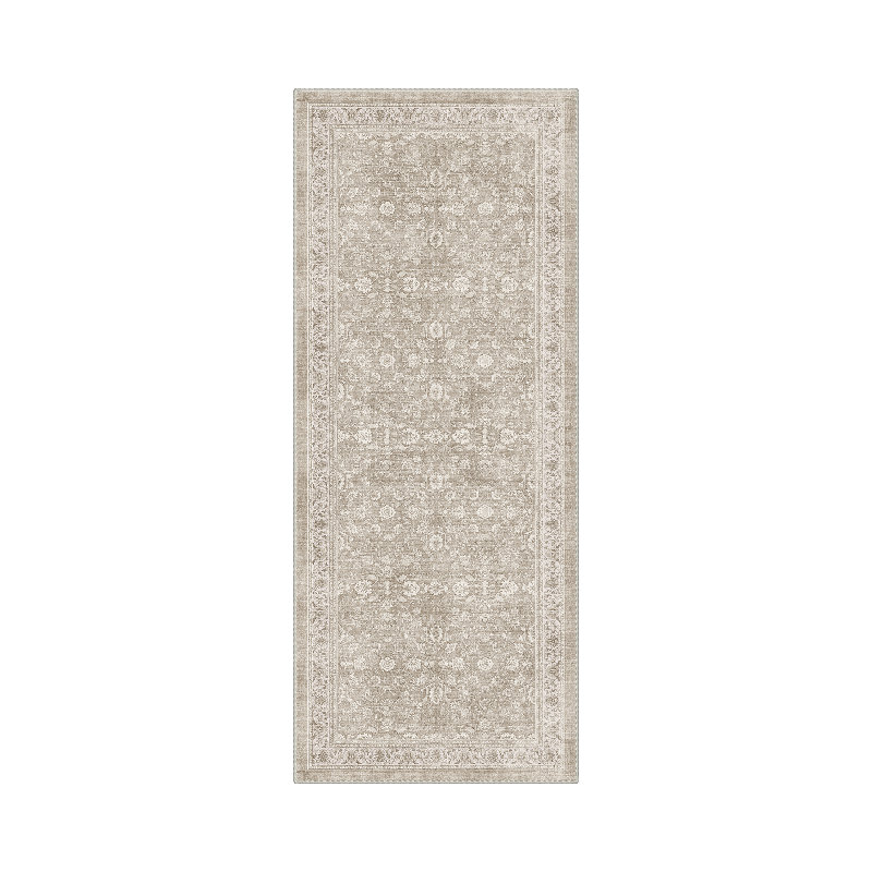 Tapis beige / blanc rétro à motif floral lavable à la machine avec envers antidérapant, Runner 2'6" x 8'